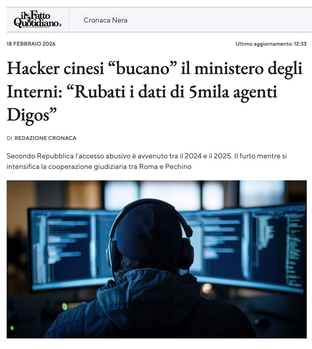 's tweet image. I dati di 5mila agenti della #Digos nelle mani degli #hacker cinesi grazie a un’accesso abusivo ai sistemi digitali del ministero degli Interni. Nessun sabotaggio, solo il furto delle informazioni.
Siamo SOLO un paese invincibile, lato sicurezza e .... lato informazione.
Solo!!!!