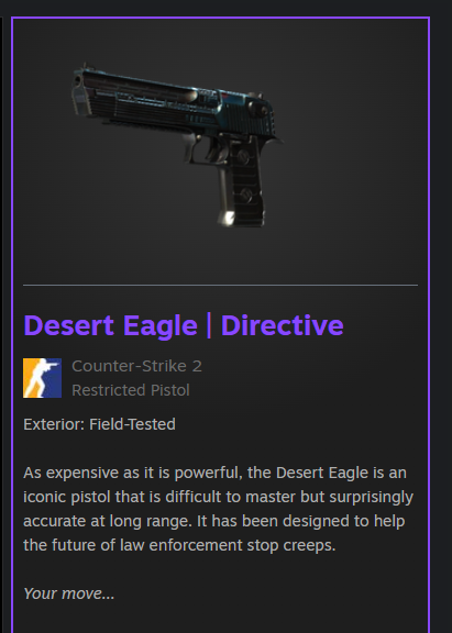 HEXPROcsgo's tweet photo. Desert Eagle Directive GIVEAWAY! 🥳
To enter:
✅ Follow me
✅ Repost + Like
✅ Check my profile
Giveaway ends in 7 days!⌛️

#CS2 #CS2Giveaway #Rust #RustGiveaway #csgo2 #free #skins #giveaway #keydrop #knife #expensive https://t.co/mmD83jnQDe