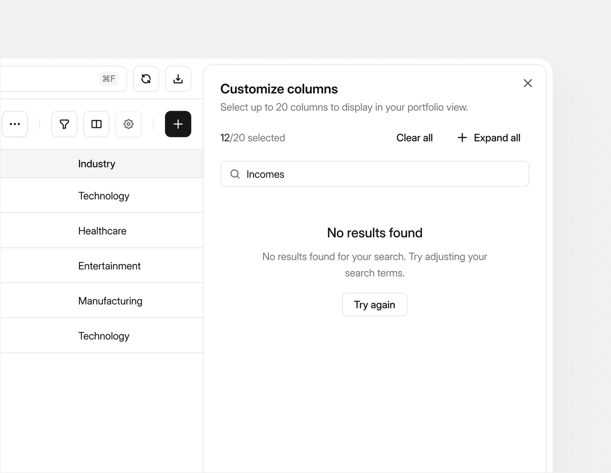 CJfromJBW's tweet photo. Customize table columns sheet [default and empty states] https://t.co/AndwW48Qxt