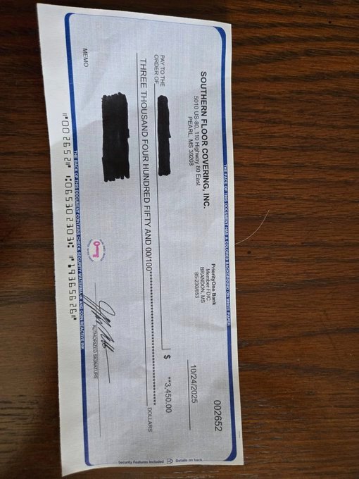 Shane Manson warns 
My wife received a Priority Mail envelope today in the mail. 
Inside was a check made out to her for $3,450.00 to deposit into her account then go purchase Sephora gift cards. We knew immediately that it was fraudulent.  
I call the bank listed on the check