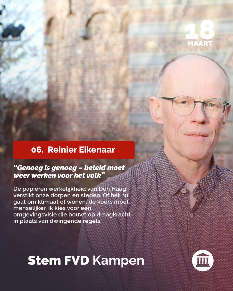fvd_kampen's tweet image. Vandaag trappen we onze kandidatenreeks af met nr. 6: Reinier Eikenaar. Reinier staat voor een koers die weer werkt voor de mensen in Kampen - met realisme, draagkracht en gezond verstand.
Benieuwd naar ons programma?👉: fvd.nl/kampen