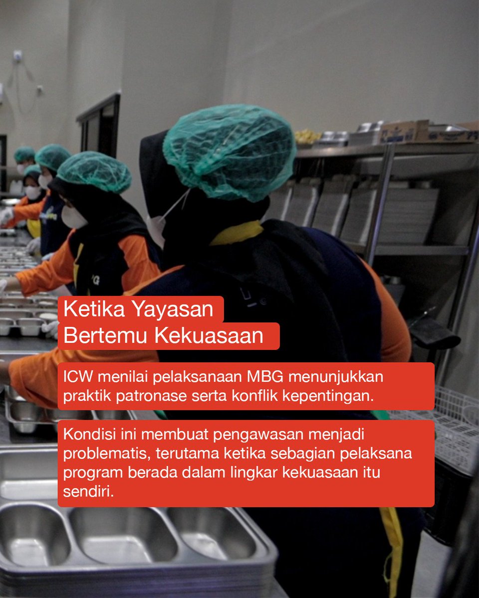 watchdoc_ID's tweet image. Program Makan Bergizi Gratis digagas sebagai kebijakan sosial berskala besar. Namun pemantauan Indonesia Corruption Watch (ICW) menemukan 102 yayasan mitra SPPG yang diduga memiliki keterkaitan dengan partai politik, pebisnis, birokrasi, aparat, hingga relawan politik.