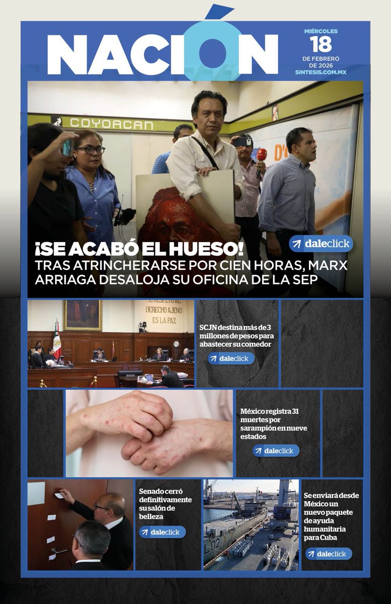 📰Hoy en las portadas:

✅Entregan distintivos "Hecho en Tlaxcala"

🚨Marx Arriaga desaloja oficina de la SEP

⚫Muere Jesse Jackson, defensor de DH

⚽México, con tres amistosos rumbo al mundial

😯Nodal y Ángela, en medio de balacera

sintesisdigital.com.mx:8383/flipsint/18022…