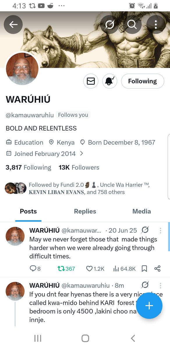 Huyu mzae alianza kutweet jana na 2k followers , sahii ashanipita ako 13k followers 🤣🤣😭