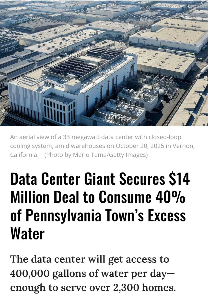 🚨 A single AI data center in PA just secured 400,000 GALLONS of water per day. 

That’s enough to serve 2,300+ homes. 🏠💧 

While we’re told to conserve every drop, Big Tech is buying up 40% of a town's excess capacity for $14M.  

But YOU are the problem,  remember that.