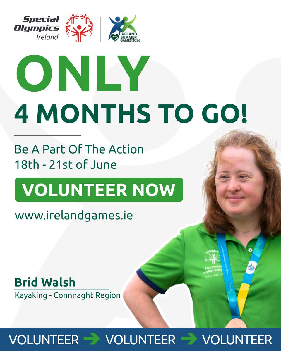 SOIreland's tweet photo. Only 4 months to go 🙌💚
 
The countdown to the Ireland Summer Games 2026 has officially begun and we cannot wait to welcome athletes, volunteers and supporters.
 
Be a Part of the Action
https://t.co/afZ0XgkOIN
 
#SpecialOlympicsIreland #IrelandSummerGames2026 https://t.co/1yDdYa3E8h