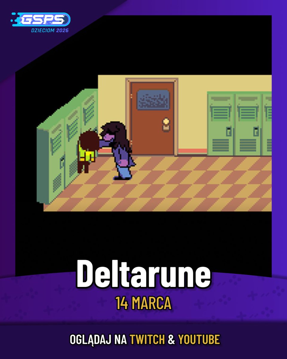 Było Undertale, tak teraz zapraszamy na Chapter 1 z gry Deltarune już 14 marca o 16:00! 
Gra pełna charakterystycznego humoru i fantastycznej muzyki. 
Oglądaj na żywo na Twitchu i YouTube podczas GSPS Dzieciom 2026!