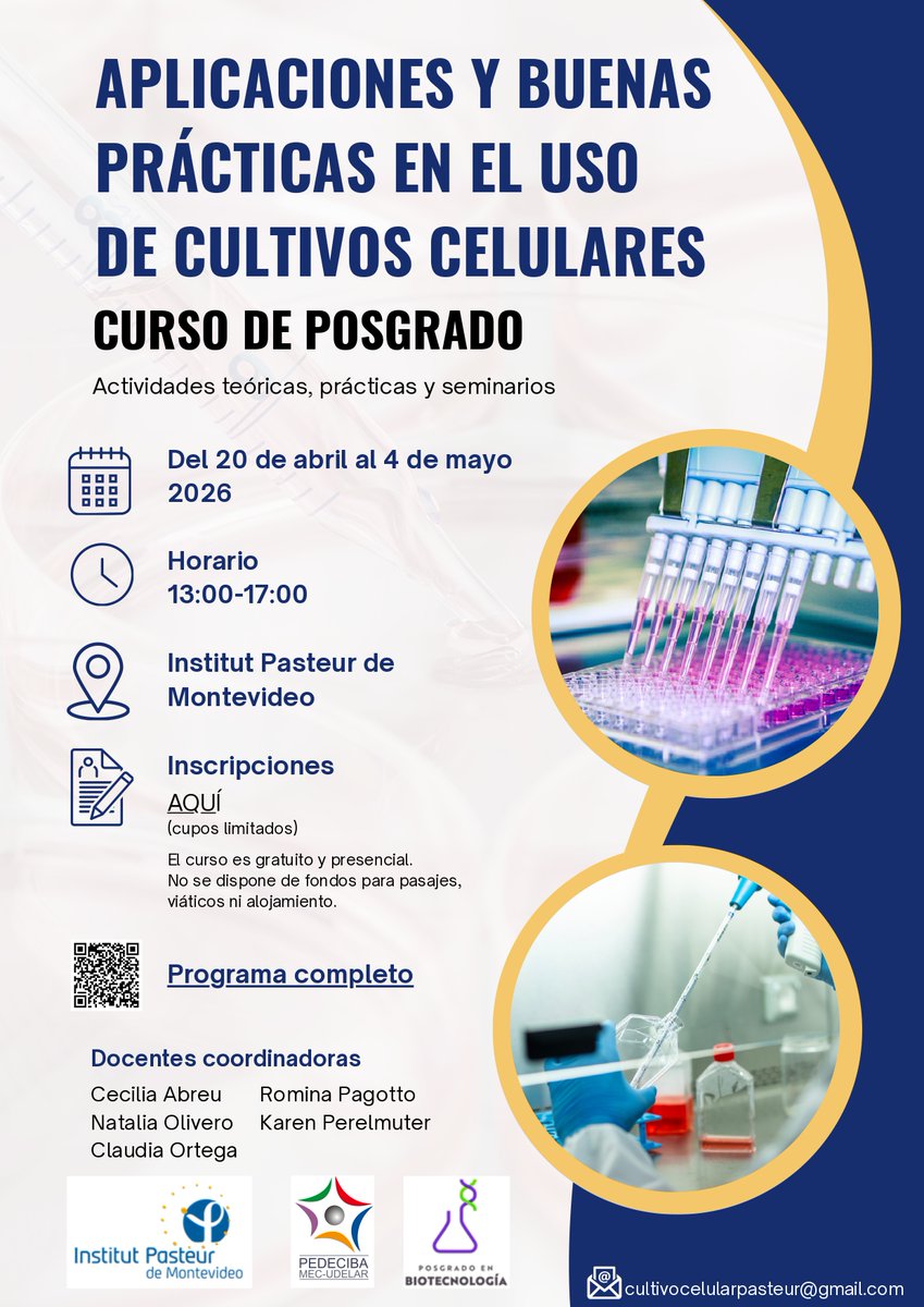 📢Nuevo curso de posgrado 2026: 
Aplicaciones y buenas prácticas en el uso de cultivos celulares.

📝Inscripciones en: bit.ly/Inscripcionesc…
Del 20 de abril al 4 de mayo.