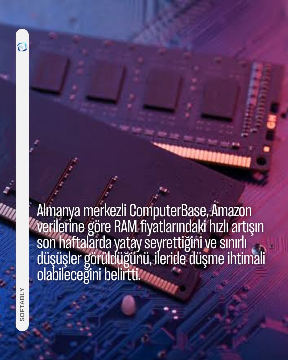 SoftablyTR's tweet photo. Almanya merkezli ComputerBase’in Amazon verilerine göre, RAM fiyatlarındaki hızlı artış son haftalarda yatay seyrederken sınırlı düşüşler gözlemleniyor. Gelecekte fiyatların düşme ihtimali bulunuyor. https://t.co/CszmncqcW7