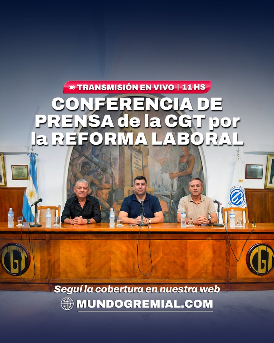 MundoGremial's tweet photo. 🔴 ¡TRANSMISIÓN EN VIVO! Desde las 11:00 AM sumate a nuestra cobertura exclusiva de la conferencia de prensa de la CGT sobre la Reforma Laboral. Los líderes sindicales darán su veredicto y anunciarán las medidas ante el nuevo escenario: escuchalo en directo ahora.

Ingresá a: 🌐 https://t.co/XeSh4fiRbZ para seguir el minuto a minuto de las definiciones que marcarán la agenda política.

#CGT #ReformaLaboral #MundoGremial #Politica #Sindicalismo