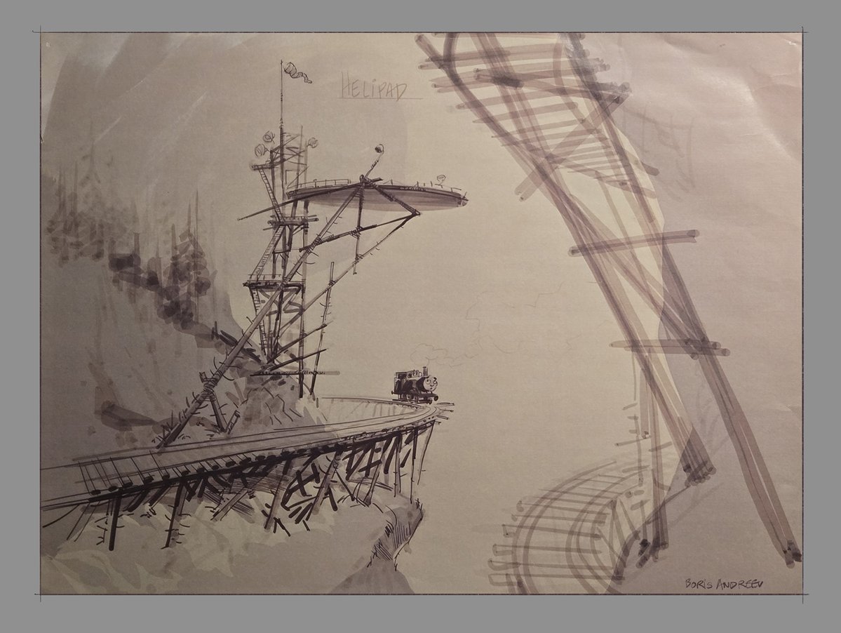 🤠🤠Misty Island🤠🤠

Take a look at some interesting early sketches of Misty Island. The helipad interests me greatly, and look at that lift! It's so strange! And yes, that does seem to be the Shake Shake Bridge.