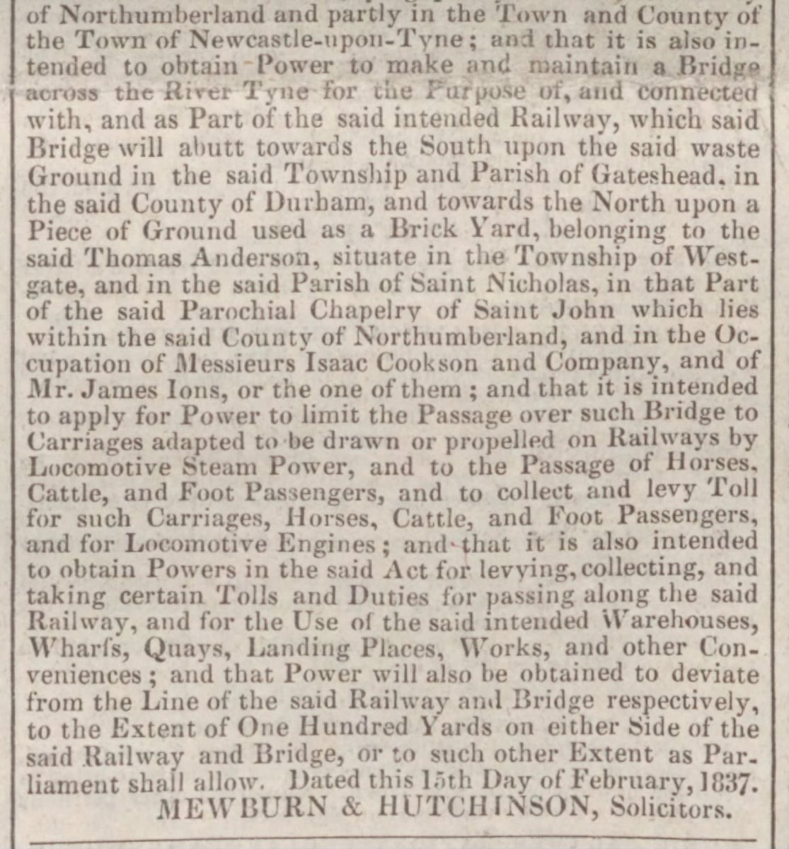 TyneSnapper's tweet image. #NewcastleUponTyne #Gateshead Notice in the Journal on this day 18th February 1837 - Mewburn &amp;amp; Hutchinson Solicitors 15th February 1837 for the application to Government for an Act to build the High Level bridge.