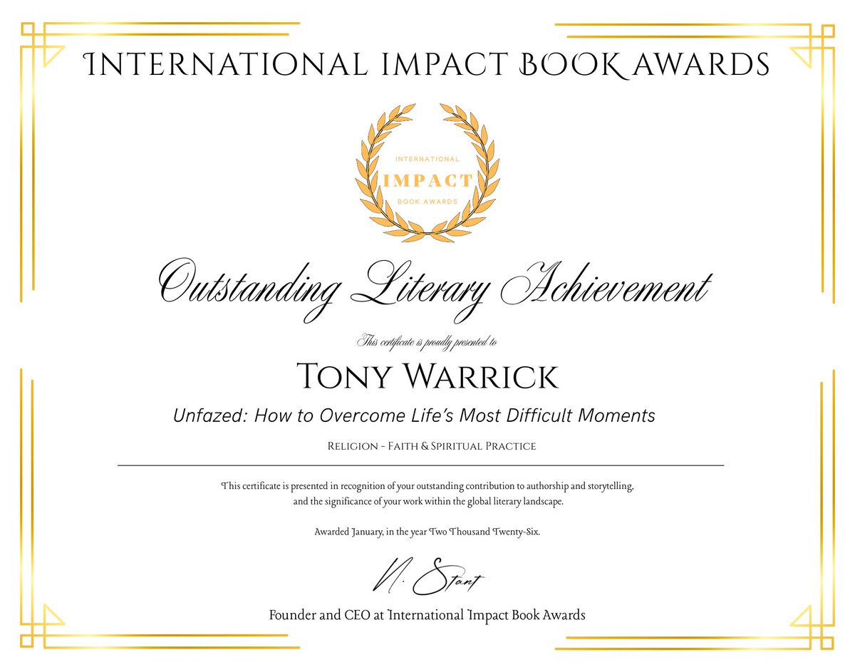 IAmTonyWarrick's tweet photo. I am truly honored and grateful to share that my book, Unfazed: How to Overcome Life’s Most Difficult Moments, has been recognized by the International Impact Book Awards™ as a winner in Faith and Spiritual Practice category.

This recognition is deeply meaningful to me because Unfazed was not written from theory, it was written from lived experience. It was born out of hardship, refined through faith, and shaped by the unwavering truth that even in our most difficult moments, God is still faithful.

My heart behind this book has always been simple: to help people navigate tragedy, uncertainty, and chaos without losing their faith, their purpose, or their peace. To see that message resonate on an international level is both humbling and inspiring.