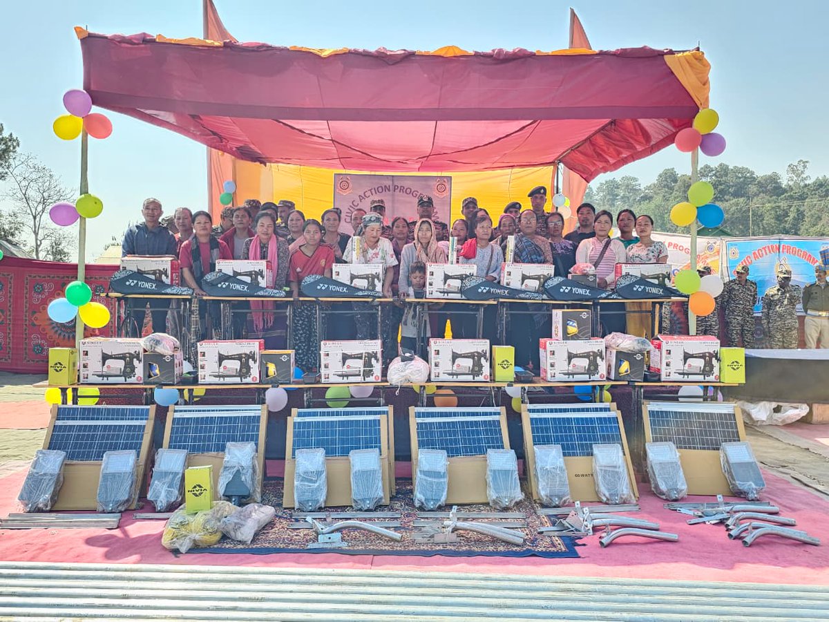 Commandant58Bn's tweet photo. 58 Bn held a CAP at Matijang village on 18-02-26 to support community development. Sh. Ghanshyam Behwal, DIG and 58 Bn officers, distributed sewing machines for women empowerment and livelihood, sports gear for promoting sports, and solar lights to promote for sustainable energy. https://t.co/yjHaiaD3XT