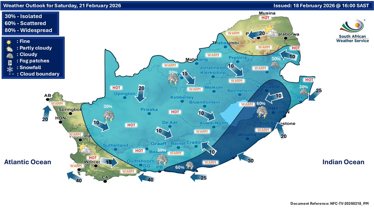 SAWeatherServic's tweet image. Extended weather forecast for Friday and Saturday, 20-21 February 2026:
Partly cloudy and warm to hot, with isolated to scattered showers and thundershowers.
#saws #SAWeather #weatheroutlook