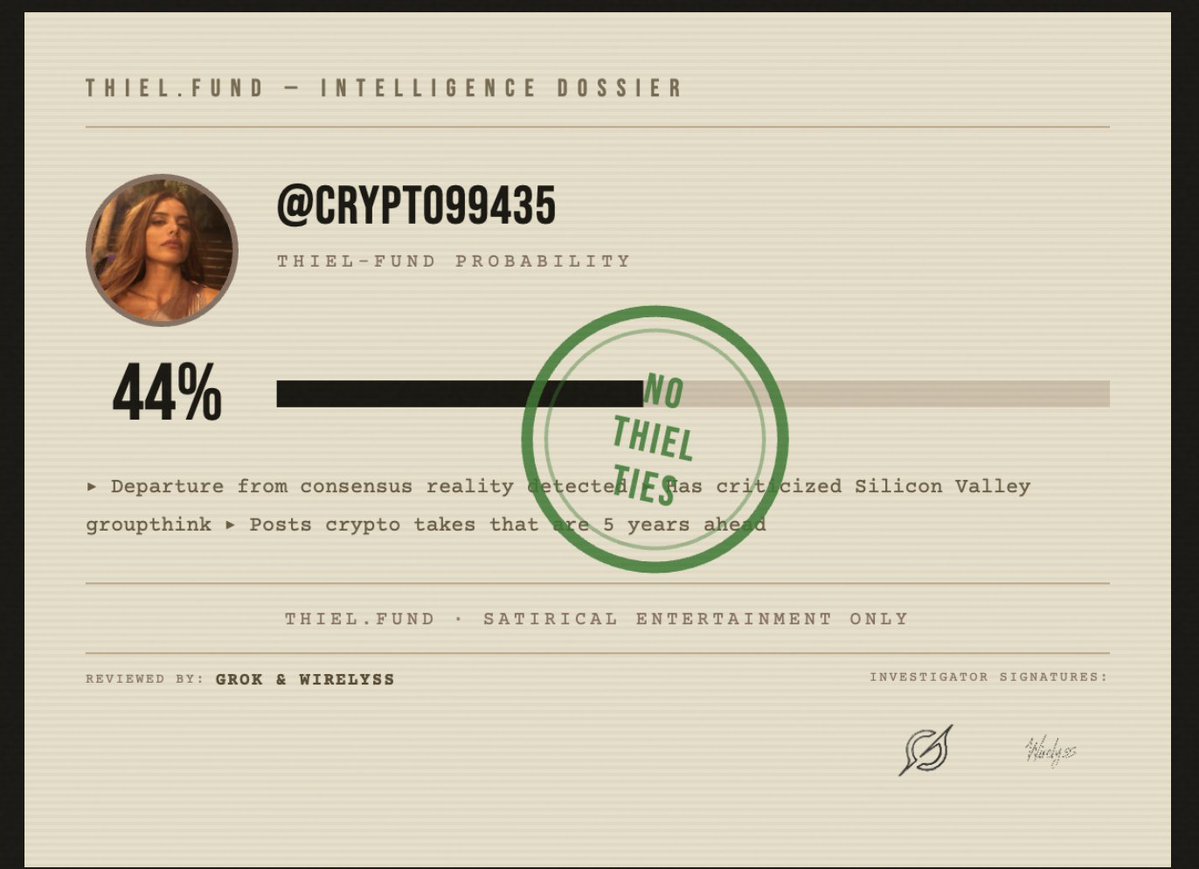 This is the candidate of becoming somaliscan . 

It is related with Thiel Funds.
thiel.fund

31xtkPxbdnrrHFcqDrAvgQniv59aniWPgXRuvCjSpump

It is viral but looks like going more viral. 

x.com/MartinezOnChai…