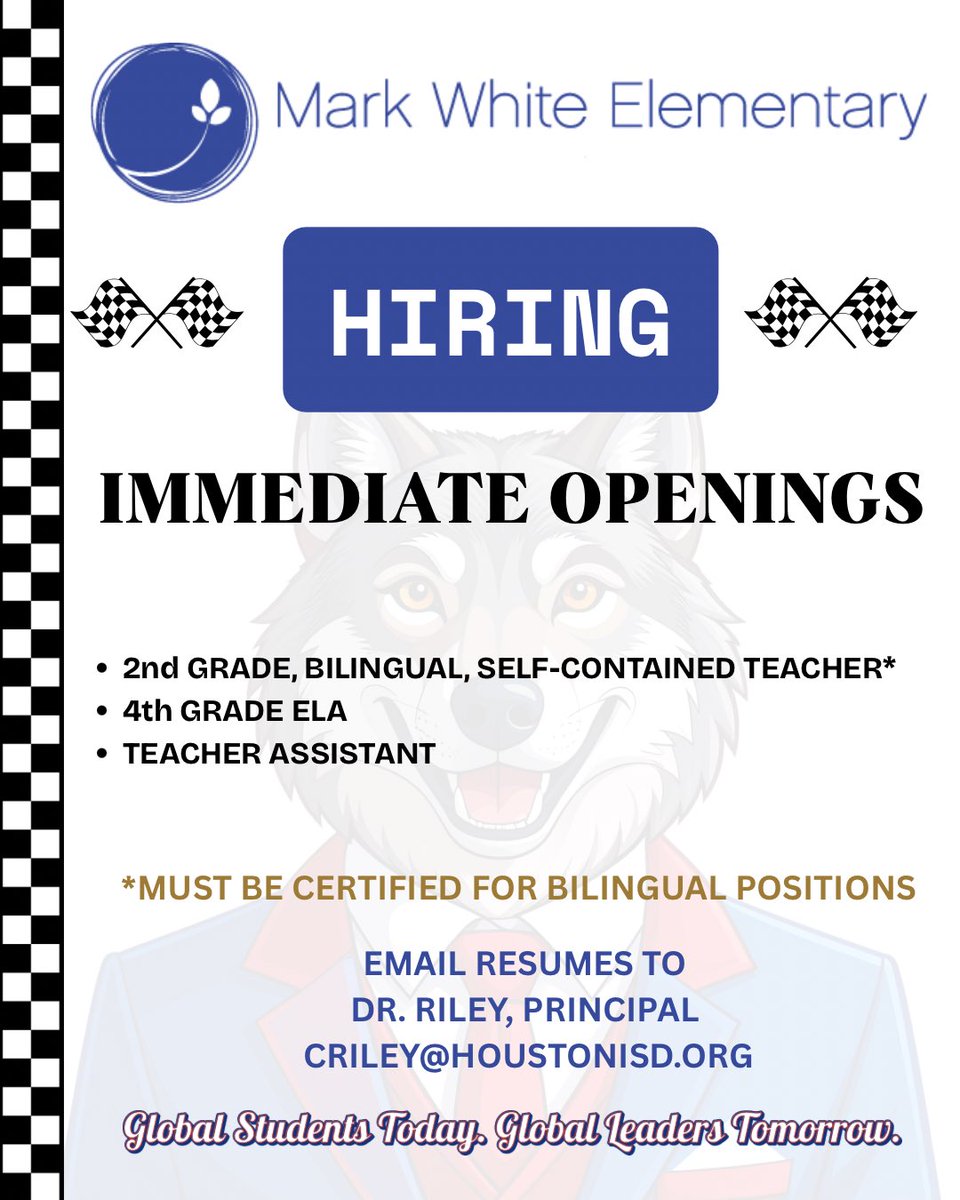 drrileyeducator's tweet photo. 🚨 WE’RE HIRING – IMMEDIATE OPENINGS 🚨
Mark White Elementary is looking for strong educators ready to make an impact NOW!
🔹 2nd Grade Bilingual Self-Contained Teacher
🔹 4th Grade ELA Teacher
🔹 Teacher Assistant
#NowHiring #HoustonISD #TeacherJobs #BilingualTeachers #MWES https://t.co/fHgTQ7BJDB