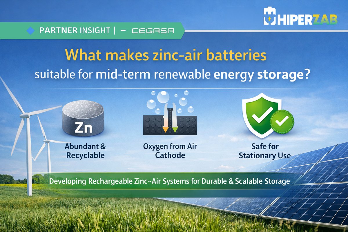 HIPERZABproject's tweet photo. 🔹 Partner Insight | CEGASA
Why is zinc–air ideal for mid-term storage?

✔ Uses abundant, recyclable zinc
✔ Oxygen from air at the cathode
✔ Safe &amp; suited for stationary systems

HIPERZAB is advancing rechargeable Zn–air for durable, scalable storage. ⚡ https://t.co/Wqb0DljpqL
