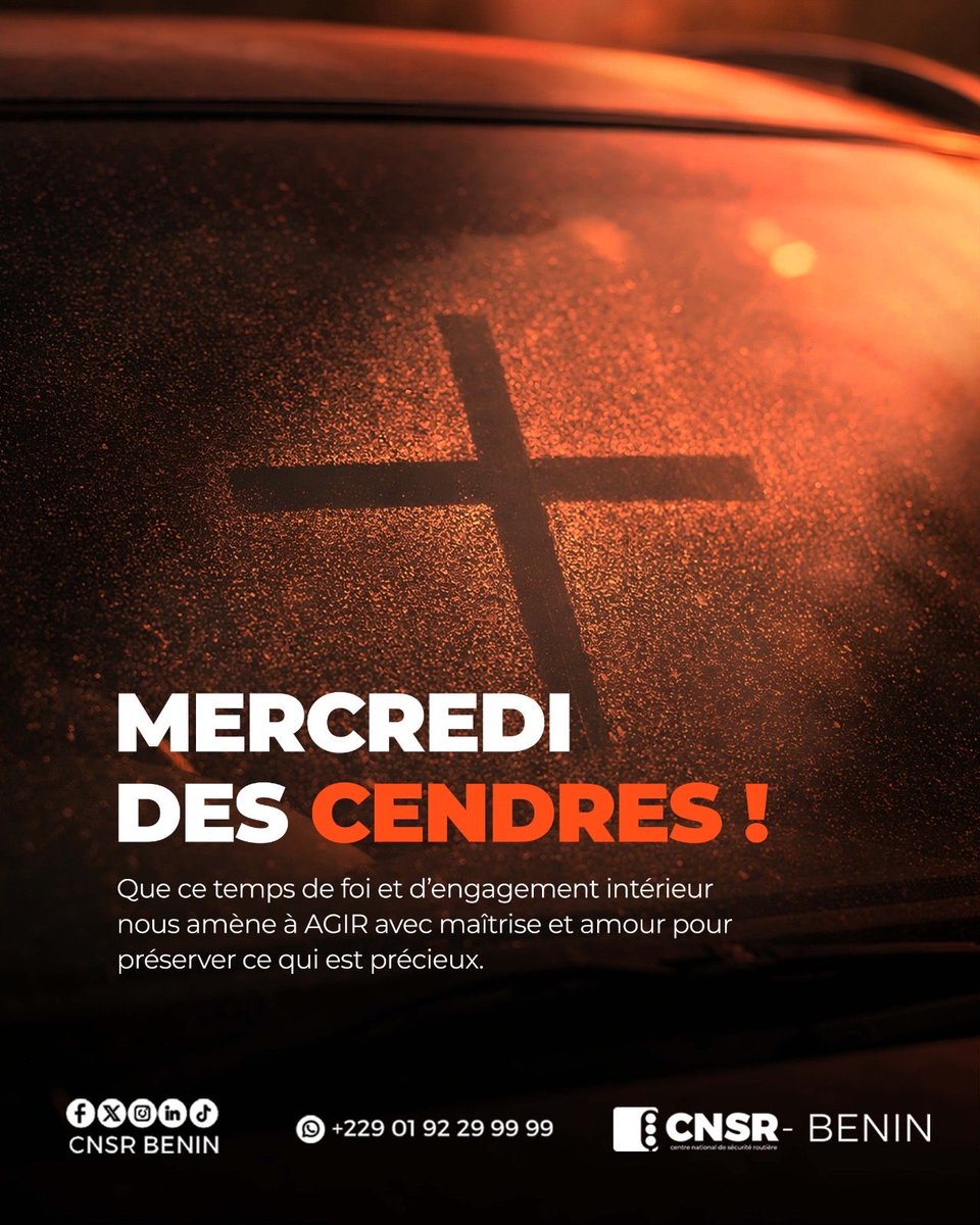 En ce mercredi des Cendres, le CNSR souhaite à tous les fidèles chrétiens un Carême empreint de paix et de recueillement.✝️

Que cette période de foi nous invite à la sagesse dans chacun de nos gestes.✨

CNSR Bénin -Ensemble pour des routes plus sures🇧🇯

#CNSRBénin #wasexo