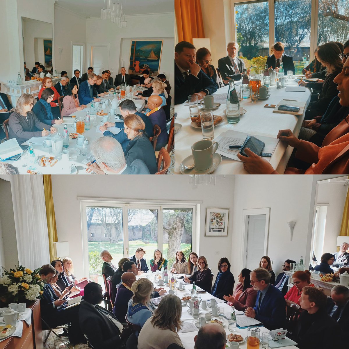AndreasvBrandt's tweet photo. Another beehive (like the term these days!) atmosphere: Bold ideas on more joint impact by @FAO @WFP @ifad on the ground, joint programming, strengthened UN country team + less duplication. Productive “Group of Friends on RbA collaboration” co-chaired w @VaniRao1 at 🇩🇪 residence. https://t.co/uJkMAlFX0n
