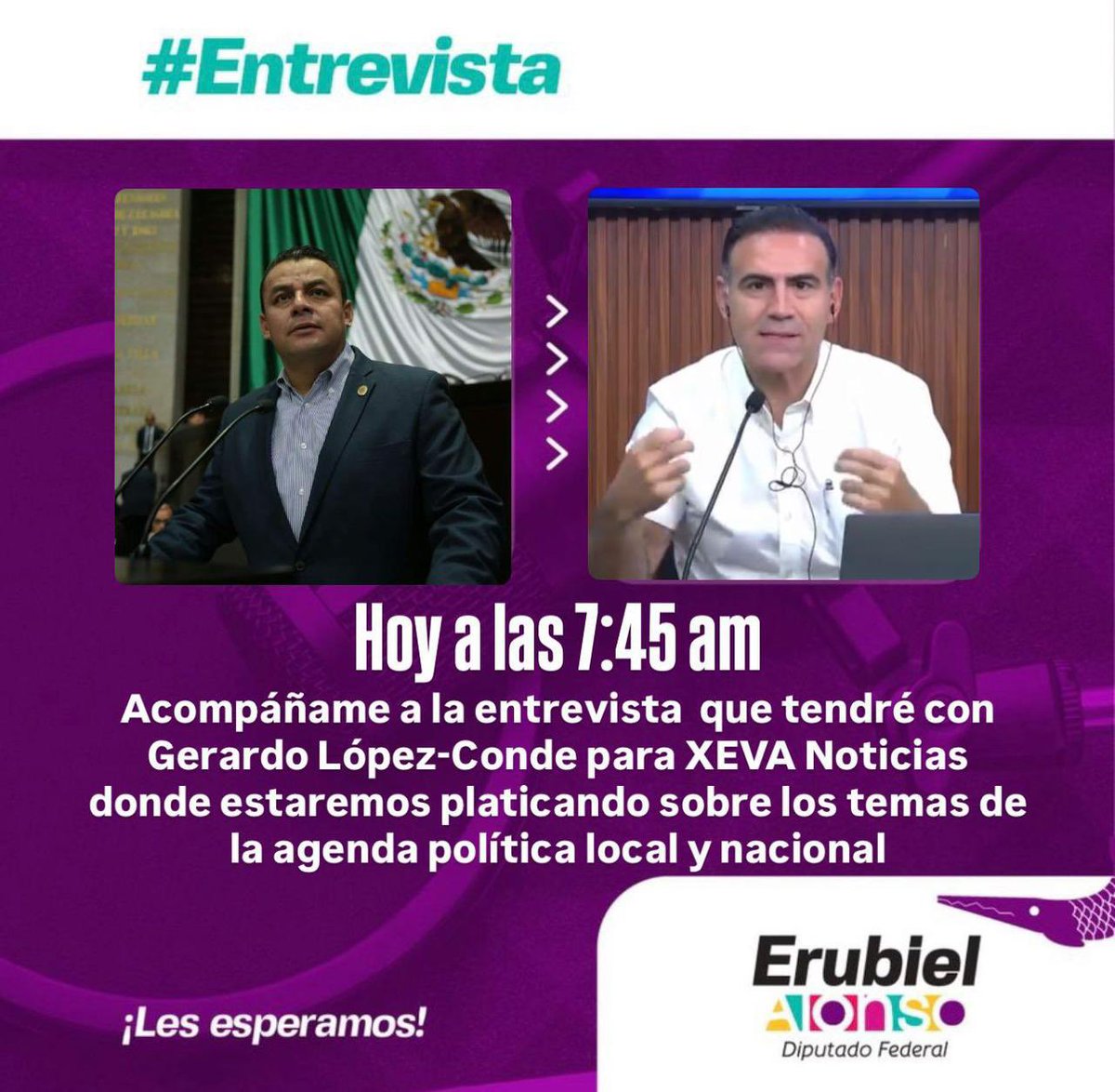 Buenos días, les invito a sintonizar el 91.7 de FM por la señal de <a href="/XEVATabasco/">XEVA TABASCO</a> a las 7:45 am en donde estaré en entrevista con Gerardo López-Conde.
Platicaremos sobre los temas de la agenda política local y nacional. ¡Les esperamos!

xeva.com.mx/radio-online