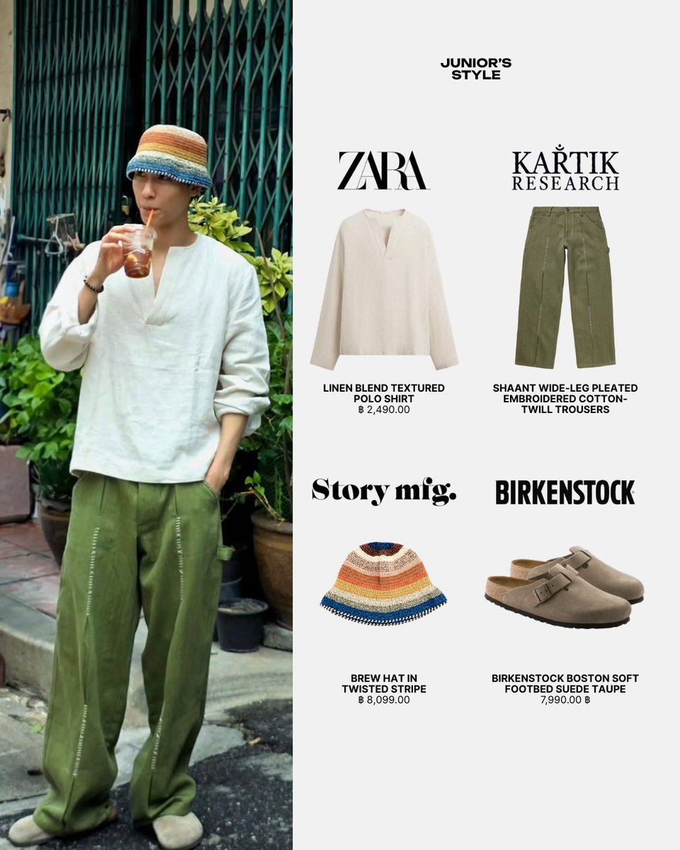 JUNIOR PANACHAI with STORY MFG., ZARA, KARTIK RESEARCH, and BIRKENSTOCK
#junniorrs 

#STORYMFG 
- BREW HAT IN TWISTED STRIPE

#ZARA <a href="/ZARA/">ZARA</a> 
- LINEN BLEND TEXTURED POLO SHIRT

#KARTIKRESEARCH
• SHAANT WIDE-LEG PLEATED EMBROIDERED COTTON-TWILL TROUSERS

#BIRKENSTOCK
- BIRKENSTOCK