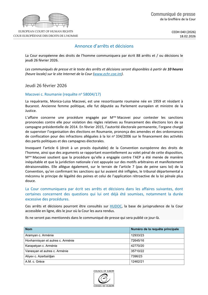 ECHR_CEDH's tweet image. Annonce d’arrêts et décisions 26.02.2026
hudoc.echr.coe.int/app/conversion…
#ECHR #CEDH #ECHRpress