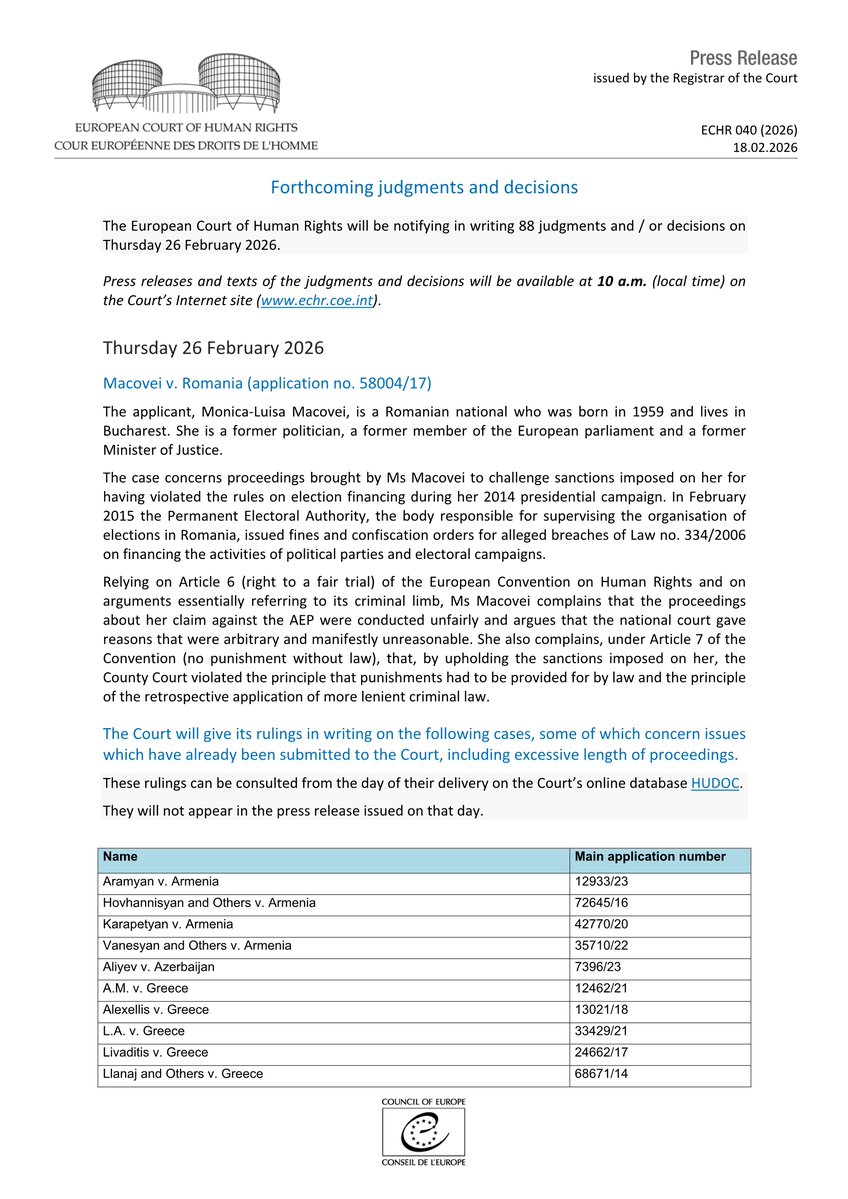 ECHR_CEDH's tweet image. Forthcoming judgments and decisions 26.02.2026
hudoc.echr.coe.int/app/conversion…
#ECHR #CEDH #ECHRpress