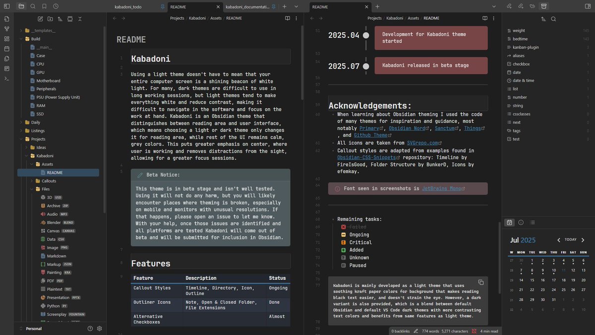 推荐一套 Obsidian 主题：Kabadoni

- 牛皮纸配色，长时间阅读不累
- 区分阅读区和 UI 区，可以专注内容本身
- 彩色文件图标、多种任务复选框样式、表格设计

这个主题融合了 Obsidian 和 VS Code 的优点

用了两天，确实很优秀，感觉比Minimal 耐看

主题地址见评论区👇