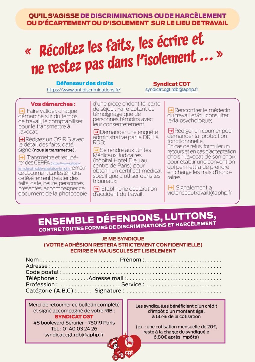 RDBCGT's tweet photo. @APHP puis à Robert-Debré, la CGT peut vous accompagner dans vos démarches face aux COMPORTEMENTS ET PAROLES DÉVIANTES.
Pour le faire, il faut TRACEZ, ÉCRIVEZ, DÉNONCEZ …
https://t.co/Oxjsplrx2a https://t.co/6iGZ8OMJc6