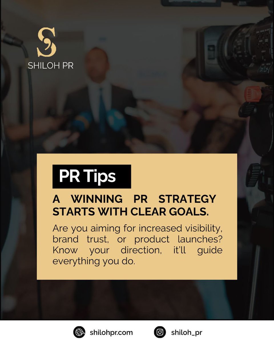 shilohpr's tweet photo. A winning PR strategy always starts with clear goals. Are you trying to increase your brand’s visibility, build trust with your audience, or create buzz for a product launch? Each goal shapes the way you approach your messaging, your campaigns, and the media channels you use. https://t.co/2Q5P8eyZFd