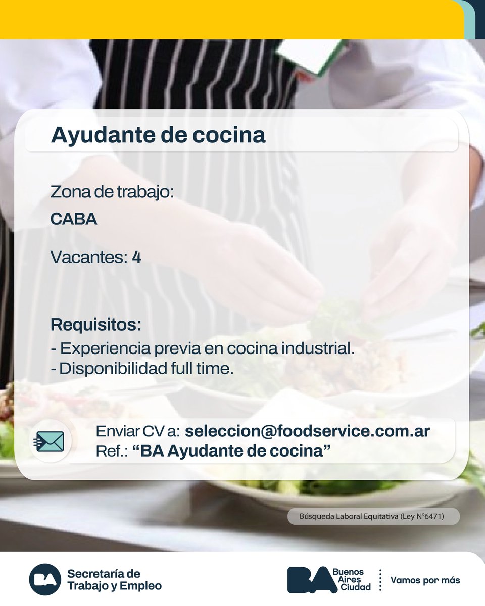 Ayudante de cocina

Tareas:
Preparación de integrantes, cocción y servicio de platos..

Enviar CV a: seleccion@foodservice.com.ar