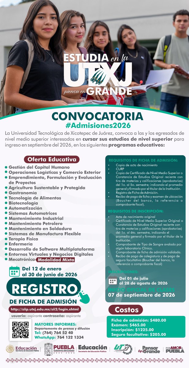 UT_Xicotepec's tweet photo. 📷¡Estudia en la UTXJ, piensa en grande!
¡Las #Admisiones2026 ya están abiertas!📷
Si buscas una carrera profesional que te impulse al futuro, este es tu momento. Súmate a la comunidad UTXJ y construye el camino hacia el éxito con oportunidades reales y formación práctica. https://t.co/FIFEQMIj7k