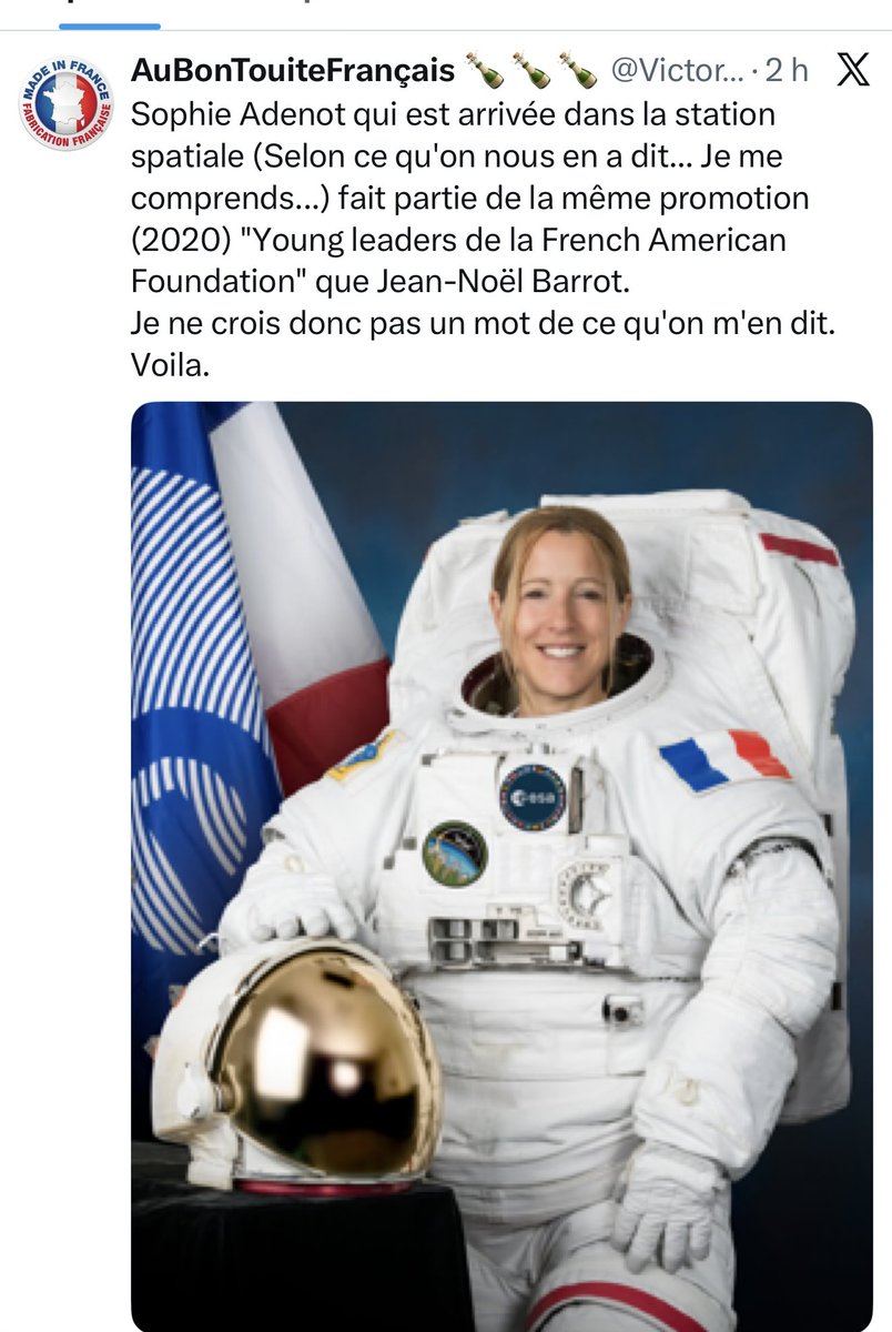 Félicitations à <a href="/VictorSinclair3/">AuBonTouiteFrançais 🍾🍾🍾</a> pour ce chef-d’œuvre de la pensée conspirationniste.

Sophie Adenot est dans l’ISS. C’est filmé, tracké en temps réel par des milliers d’ingénieurs, radioamateurs et agences spatiales aux quatre coins du monde.

Mais lui, depuis son canapé, a
