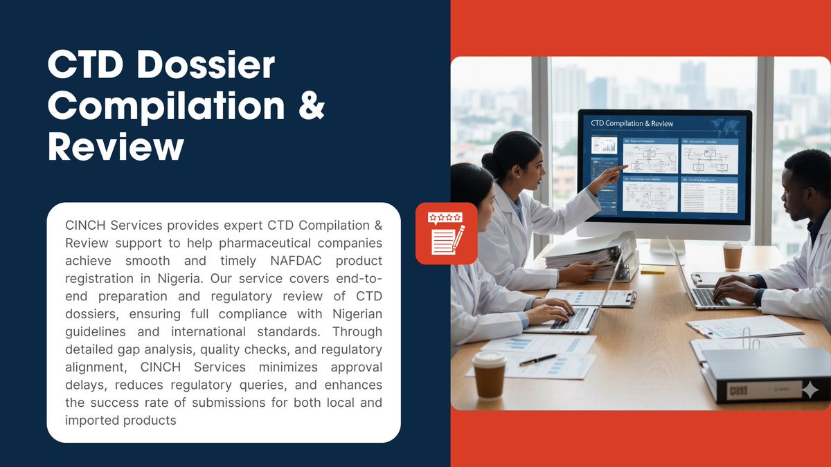 cinchservices's tweet photo. NAFDAC will open its first window  in 2026 for imported pharmaceutical dossier submission in March. 
Is your dossier submission ready? You can count on Cinch advisory to review your dossier to meet both the screening and evaluation criteria. We are a DM away 👌 https://t.co/otSkveCtD6