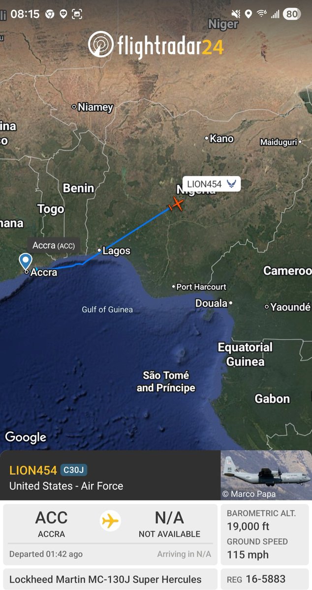 Borrowed7Time's tweet photo. USAF MC-130J 16-5883 #AE61FF as LION454 en route from Accra to Maiduguri.
@sipjack1776 @Emmato13 @Dinlas3 @LadyAstroJet https://t.co/pt3S2REgMv