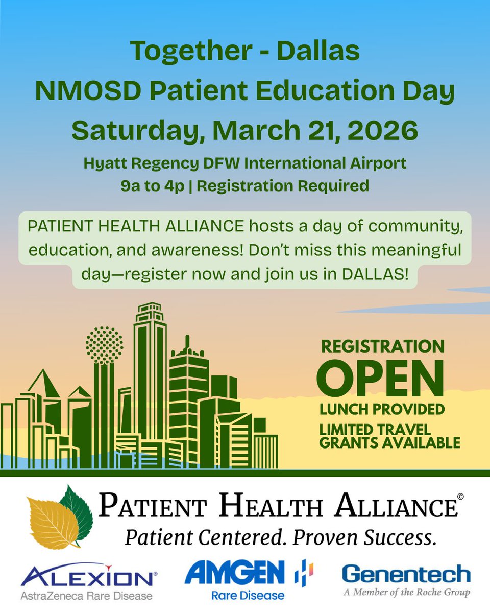 NMOSD_PHA's tweet photo. Registration is now OPEN for Together – Dallas NMOSD Patient Day! 
Register TODAY! Click the link below.
https://t.co/DgVJvL6kaz
Questions? Contact our team at Info@thepha.org
Thank you to our Industry Council Partners for their support: @AlexionPharmaUS  @Amgen  @genentech https://t.co/bI9Ca6z75d
