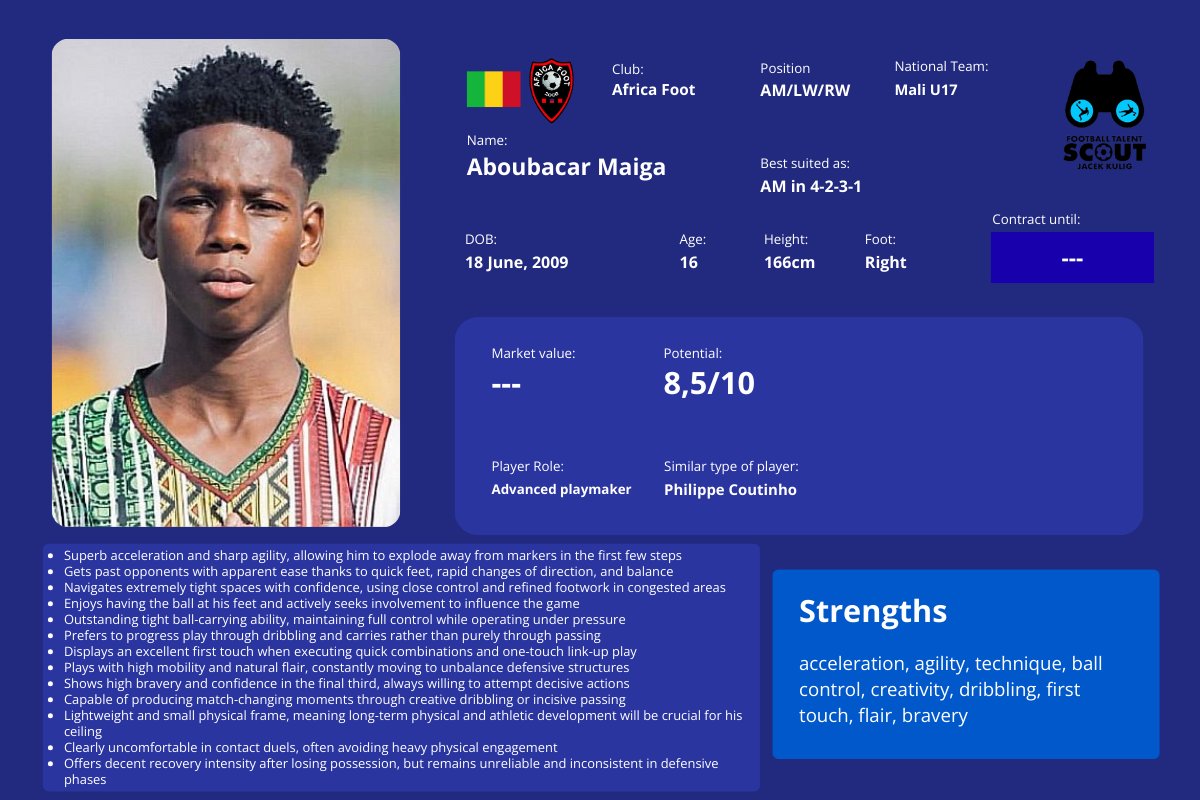 FTalentScout's tweet photo. Aboubacar Maiga is one of the most exciting midfield talents in Africa.

A product of the excellent Africa Foot Academy, he’s another outstanding prospect from Mali. 🇲🇱 https://t.co/ngaP7cOYwy