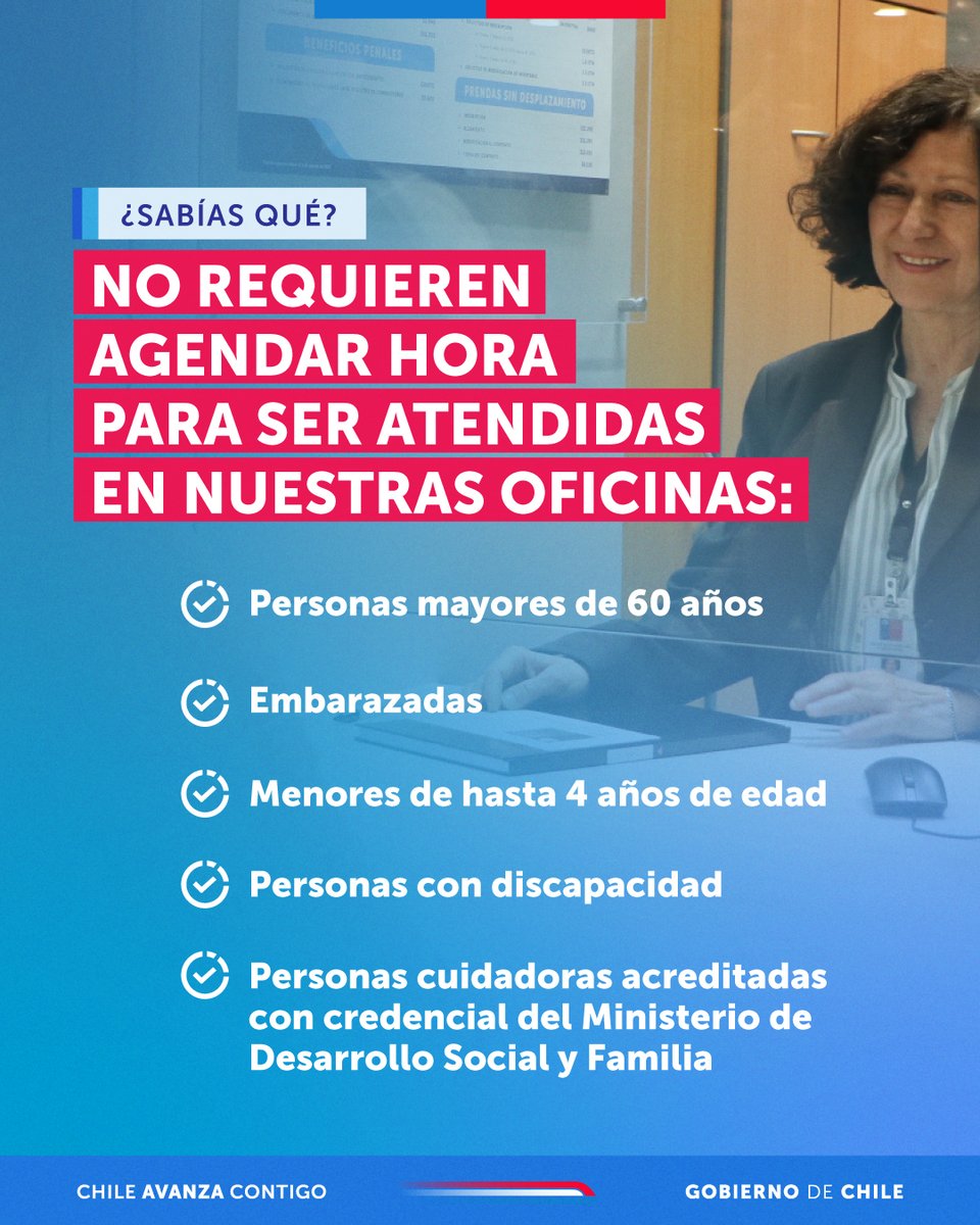 ¡Atención prioritaria! 
Buen Día!!!📢En nuestras oficinas atendemos sin agendar a:

✅ Personas con discapacidad o movilidad reducida.
✅ Mayores de 60 años.
✅ Embarazadas.
✅ Menores de hasta 4 años.
✅ Cuidadores/as con credencial.

¡Pasa la voz y facilita sus trámites!