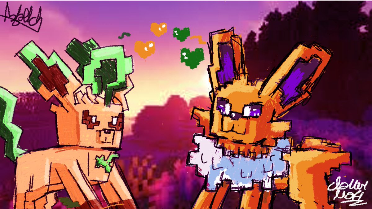 A Drawing i Made in collaboration with <a href="/AzbelCh/">Azbel Ch</a> of a leafeon and jolteon in Minecraft haha 

#leafeon #jolteon #Eeveelution #pokemonfanart