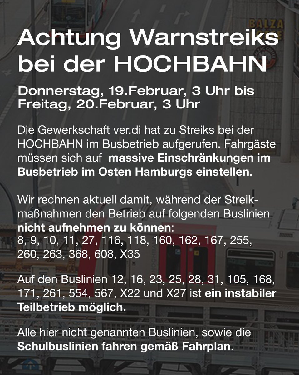 Die Gewerkschaft ver.di hat am Donnerstag, 19.02.26, erneut zu einem Warnstreik aufgerufen. Fahrgäste müssen sich auf massive Einschränkungen im Busbetrieb im Hamburger Osten einstellen. 
Die U-Bahn ist davon nicht betroffen, Schulbuslinien fahren ebenfalls gemäß Fahrplan.