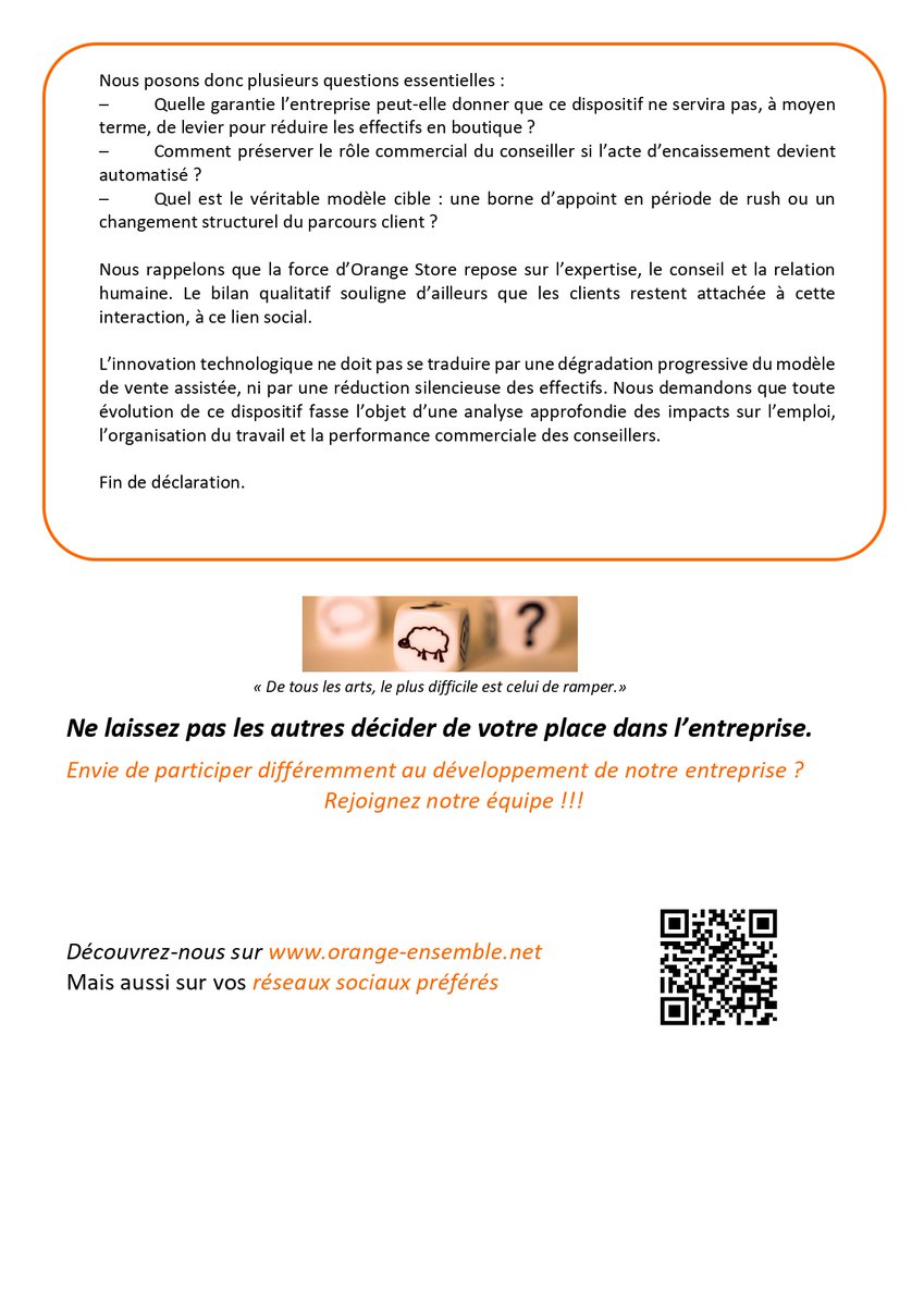 Avec les tests pour l'auto encaissement en magasin, nous nous devons de réagir.
Voici donc notre déclaration à ce sujet lors du CSE du 18 février 2026

<a href="/OrangeStoreOff/">Orange Store</a> <a href="/Orange_France/">Orange France</a> <a href="/orange/">Orange</a>  #OrangeStore #Ensemble #Declaration #Autoencaissement #caisse #Orange
