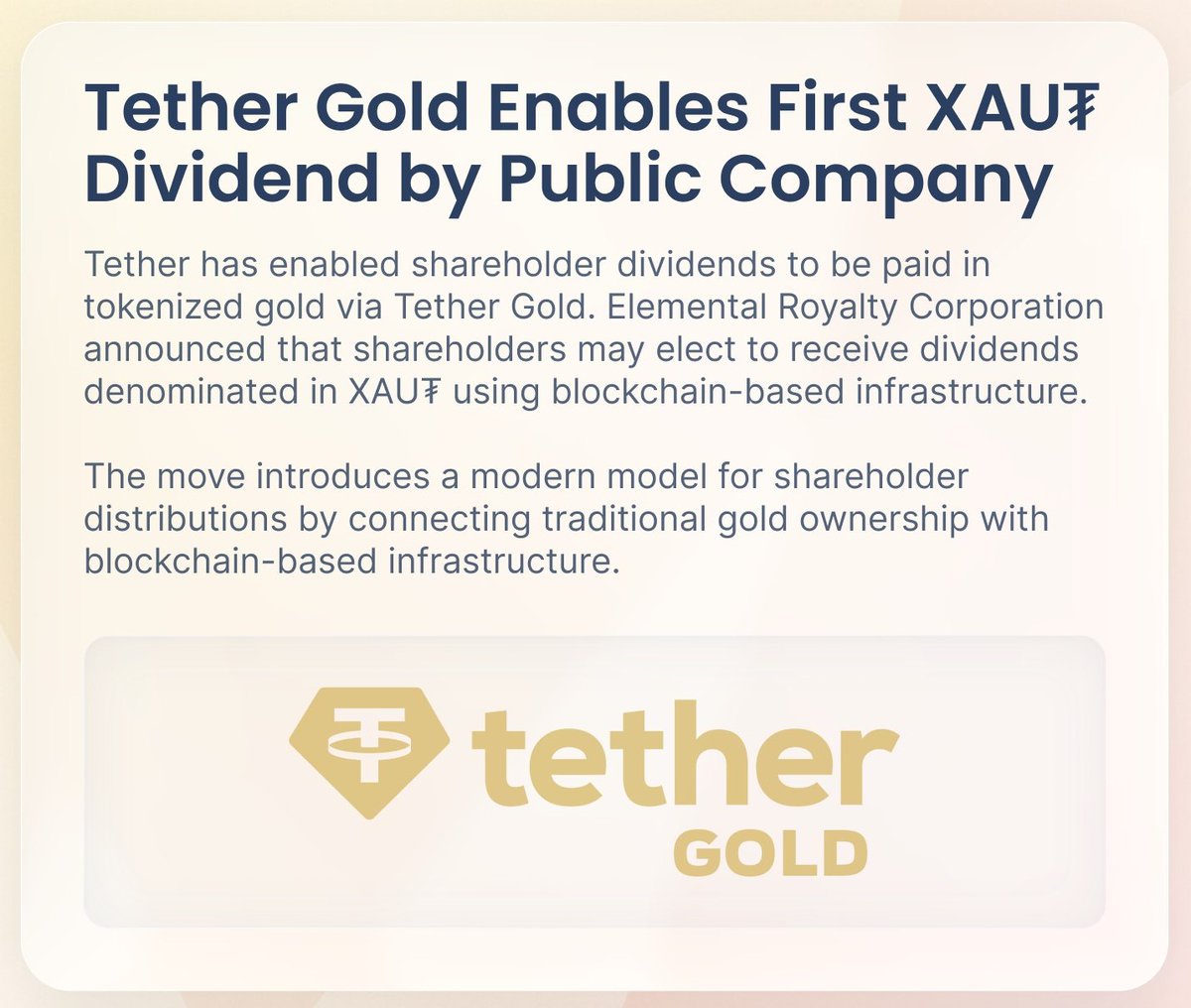 #Tether Enables First-Ever Gold Denominated Dividend by Public Company

Tether now allows shareholder dividends to be paid in tokenized gold via Tether #Gold.