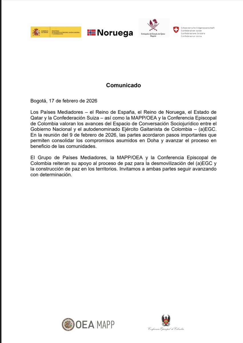 Desde los Países Mediadores 🇪🇸🇳🇴🇶🇦🇨🇭, la MAPP/OEA y la Conferencia Episcopal valoramos los pasos acordados recientemente en el Espacio de Conversación Sociojurídico entre el Gobierno Nacional y el (a)EGC para avanzar en la construcción de paz en los territorios 🕊️