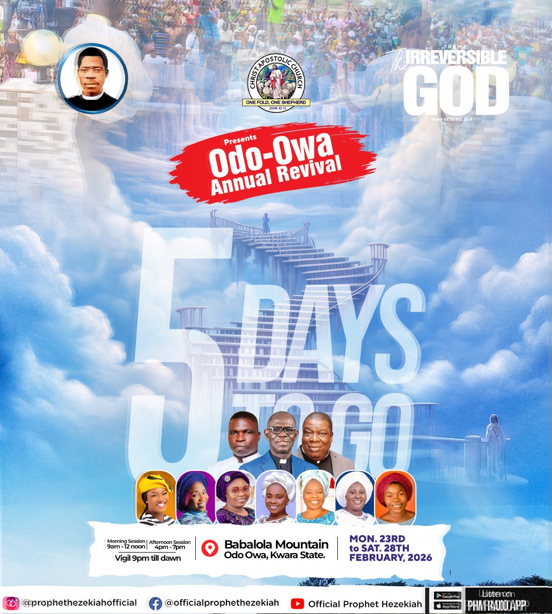 prophethezekiah's tweet image. 5 DAYS TO GO!!!

We are halfway into the countdown.

The mountain is ready. The altar is ready.

Are you ready?

Odo-Owa Annual Revival 2026

This is where you need to be.

Feb 23 to 28.

Tag someone who needs a fresh start.

#OdoOwaRevival2026 #CAC #KwaraState