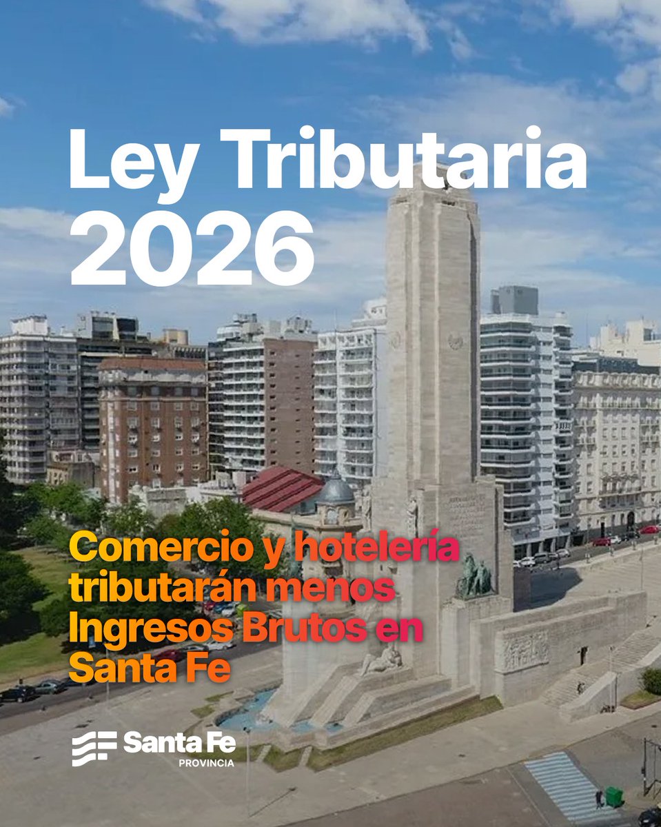 📢 ¡Alivio fiscal en marcha! 

 🏨🛍️La Provincia redujo al 2,5% la alícuota de Ingresos Brutos para los sectores de Comercio y Hotelería

✅Cumplimos con la Ley Tributaria 2026 para impulsar la economía santafesina

Menos impuestos = Más trabajo. 💪
santafe.gov.ar/noticias/notic…