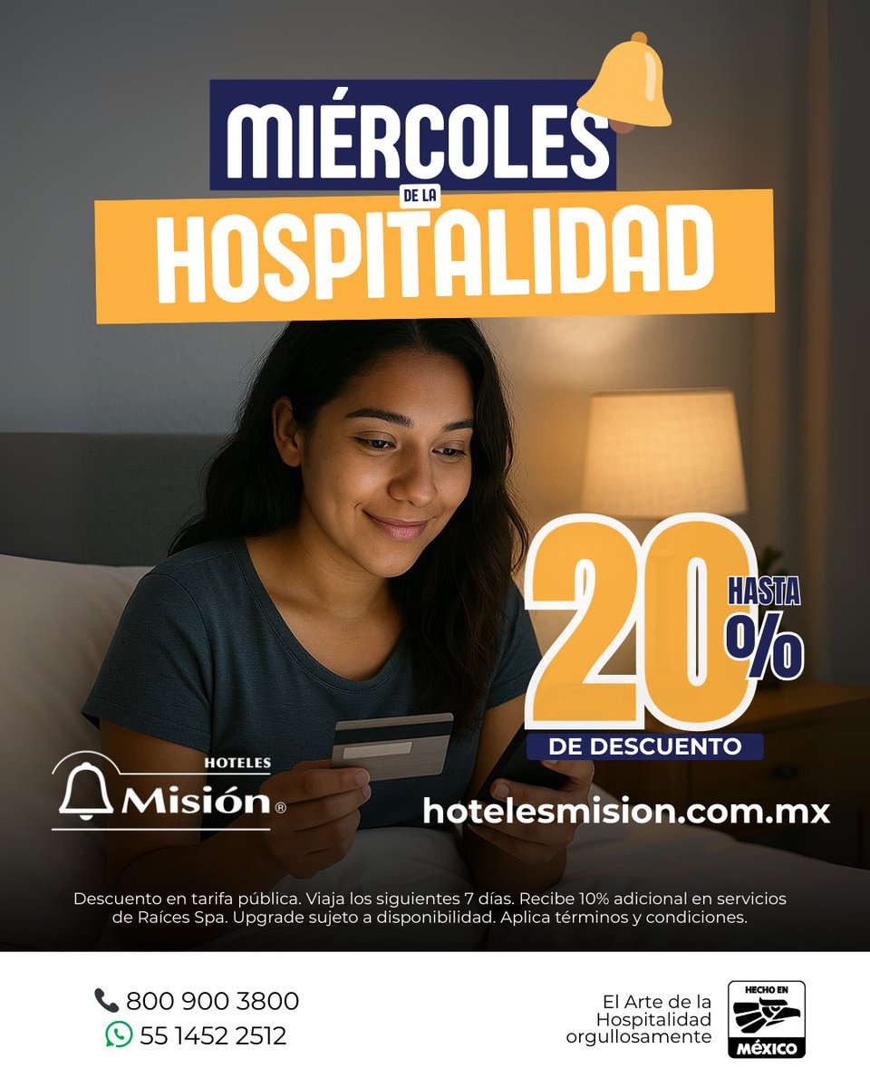 ¡Aprovecha nuestros Miércoles de la Hospitalidad!...es momento de viajar

Déjanos atenderte con Calidez Mexicana. 🇲🇽💜✨

🌐hotelesmision.com.mx 
📞800 900 3800
🤳🏽WhatsApp: 55 1452 2512
👩🏽‍💻Cotización a través de nuestro formulario: bit.ly/467rlp1

#MéxicoEstáDeModa