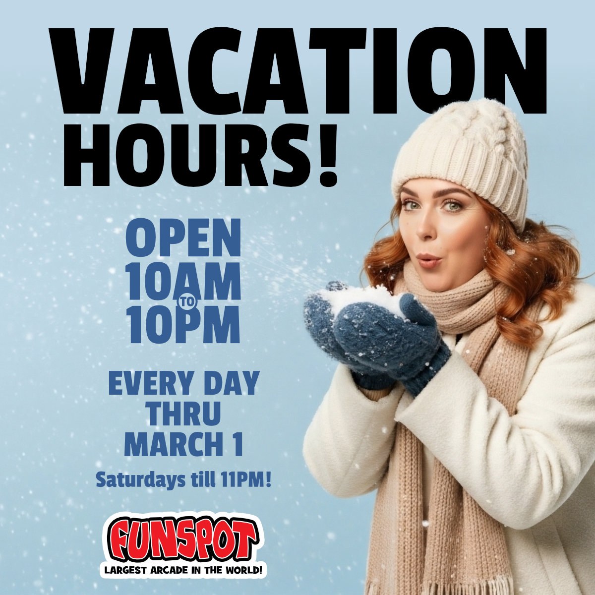 funspotnh's tweet image. We've got SNOW MUCH FUN waiting for you! ❄️🎉 10AM-10PM (Saturdays till 11PM) thru Mar 1. See you at Funspot! #FunspotNH #SchoolVacation