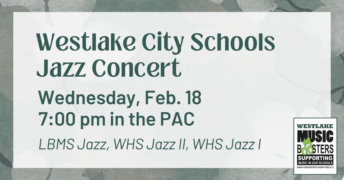 Our February/March concert season continues tonight, Wednesday, Feb. 18, with Westlake City Schools Jazz, at 7:00 pm in the PAC. Admission is free. This concert showcases our LBMS and WHS jazz ensembles!
View the February/March concert schedule at files.constantcontact.com/cd860a6e401/b6…