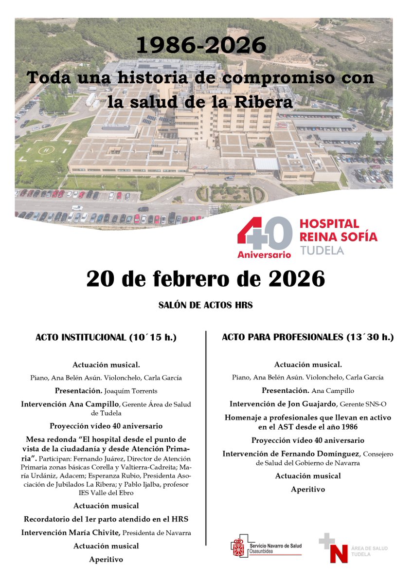 🎉 Este 20/2 celebramos el 40 aniversario del #Hospitaltudela
2 actos:
🏛️ Acto institucional 
👥 Acto para profesionales con un reconocimiento a quienes siguen en activo desde 1986
📸 ¡Celebrando 40 años de historia y salud!
#tudela #areasaludtudela